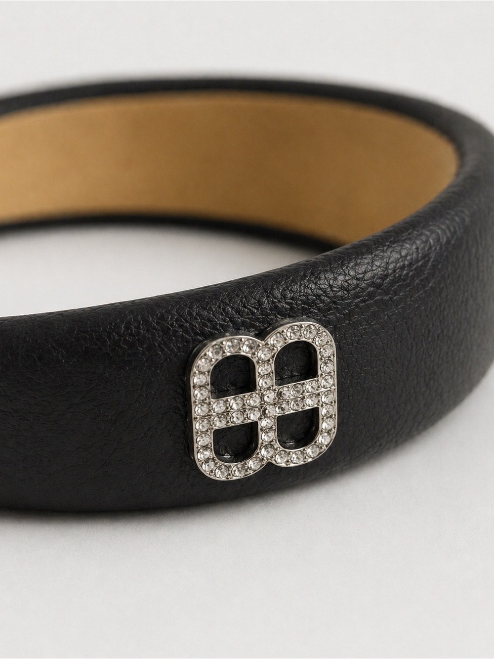 Balenciaga Black Leather Padded Headband with Crystal BB Emblem - Picture 4 of 5